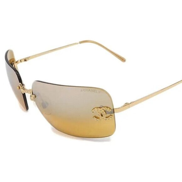 💛 RARE Chanel Vintage Sunglasses Rhinestone CC Logo Rimless Gradient Gold Tint - Picture 1 of 14